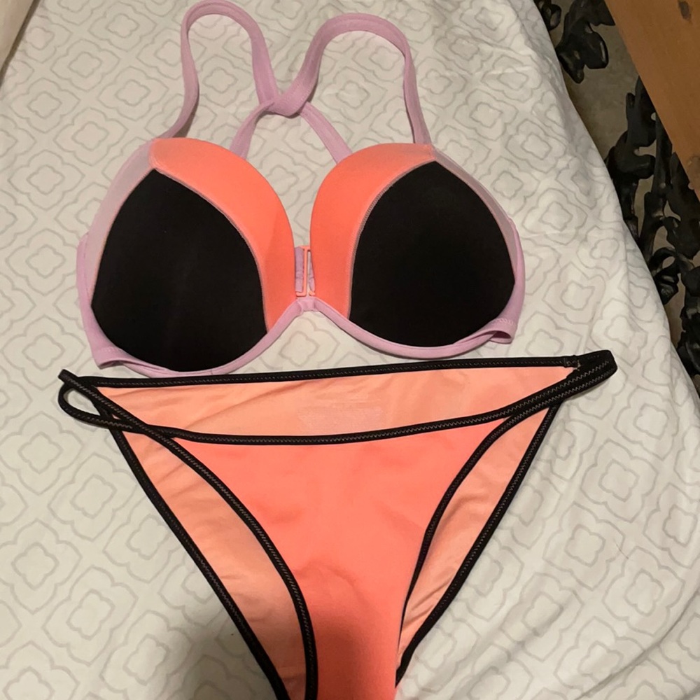 Victoria's Secret Coral, Black & Light Pink Push-Up Bikini Set